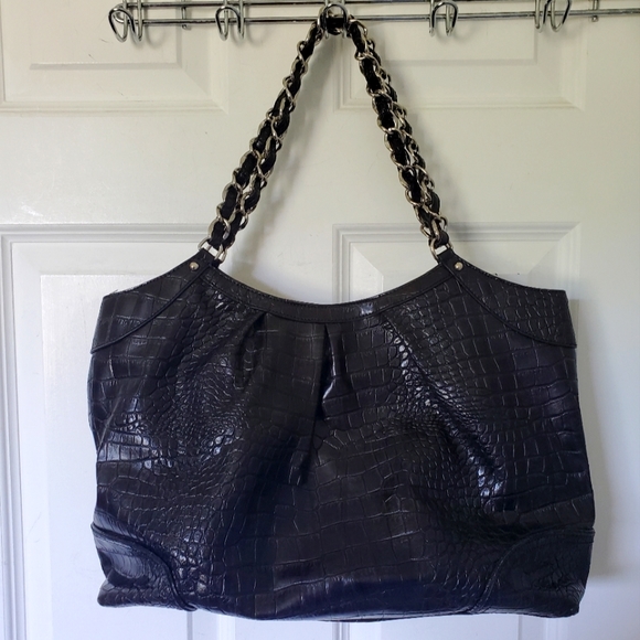 Liz Claiborne Large Black with Silver Croc Embossed Chain Purse - Picture 1 of 10